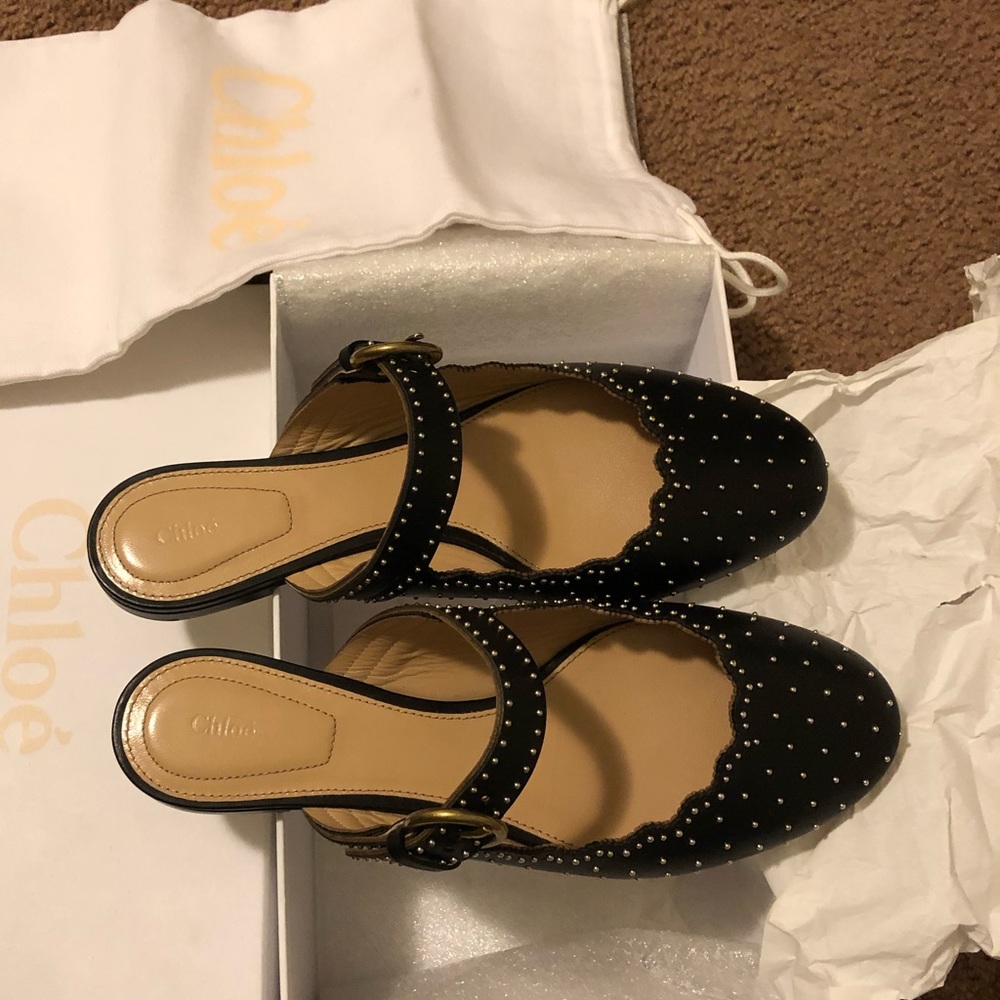 Chloe studded leather buckle strap mules